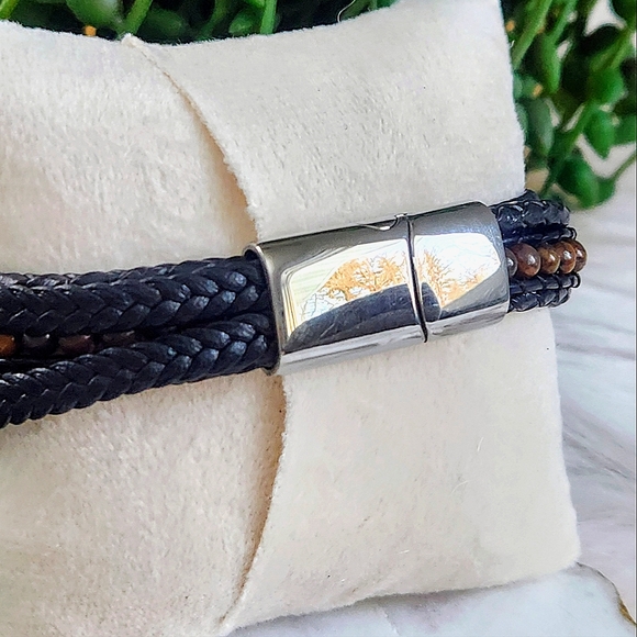 New Ryze Men's Black Vegan Leather  Tigers Eye Accent Stone Wrap Bracelet - Picture 5 of 8